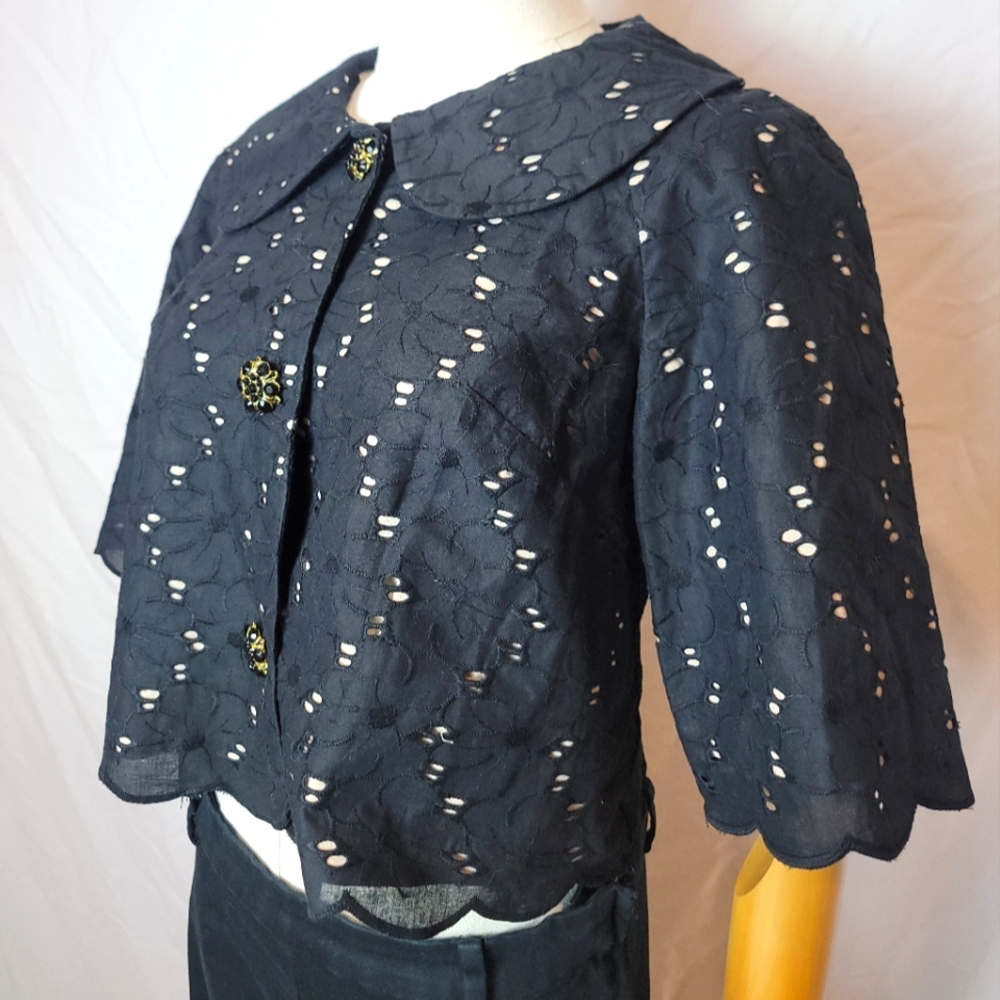 Laundry By Shelli Segal Eyelet Cropped Jacket Black, Size 4 - Picture 3 of 8